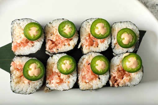 Freshly prepared mixed sushi rolls