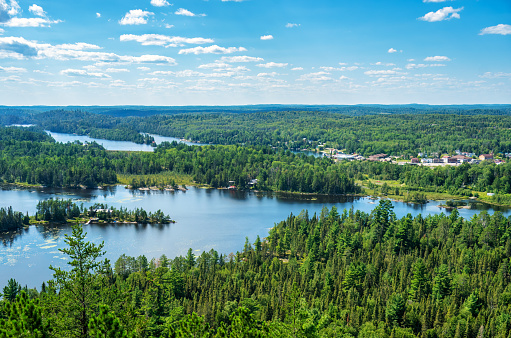 Aerial landscape view of Temagami area, including Finlayson Point Provincial Park, Muddy Water Bay, Forestry Island and the Town of Temagami.