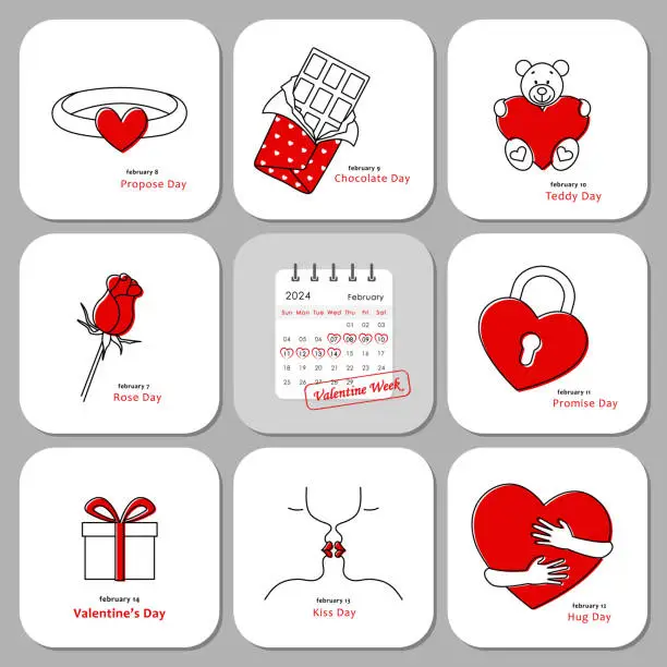 Vector illustration of valentines week 2024 set of vector cards, Rose Day, Propose Day, Chocolate Day, Teddy Day, Promise Day, Kiss and Hug Day, Valentines day