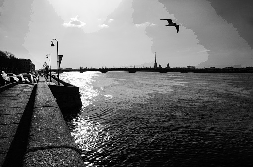 Black and white view on Saint Petersburg with neva river and Peter and Paul fortress in distance