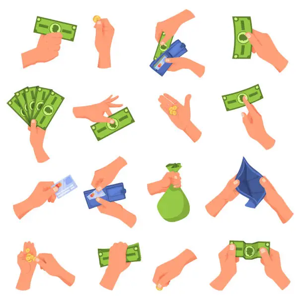 Vector illustration of Hand holding money vector illustration set, cartoon flat human hands collection with cash money