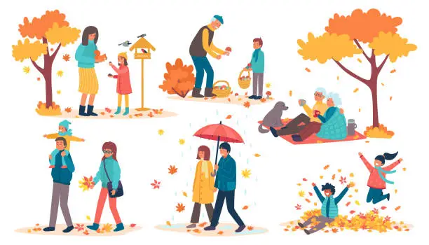 Vector illustration of People in autumn park set of vector illustrations. Happy kids having fun and playing with autumn leaves in park, mother and daughter.