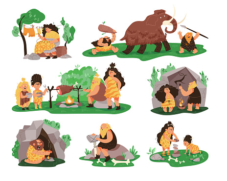 Prehistoric stone age primitive people life, set of vector illustration. Caveman banners with mammoth hunting, life of tribe and primitive crafts. Neanderthal ancient cave, hunting, family, weapon.