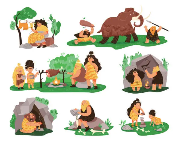Vector illustration of Prehistoric stone age primitive people life, set of vector illustration. Caveman banners with mammoth hunting, life of tribe and primitive crafts.