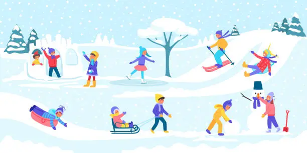 Vector illustration of Winter kids games vector illustration. Little girl sculpts snowman, skating, skiing, sledding, dresses up Christmas tree. Children playing.