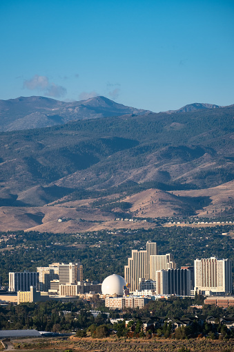 Reno, Nevada - September 9, 2023: View of downtown Reno from the north with Mount Rose in the distance.