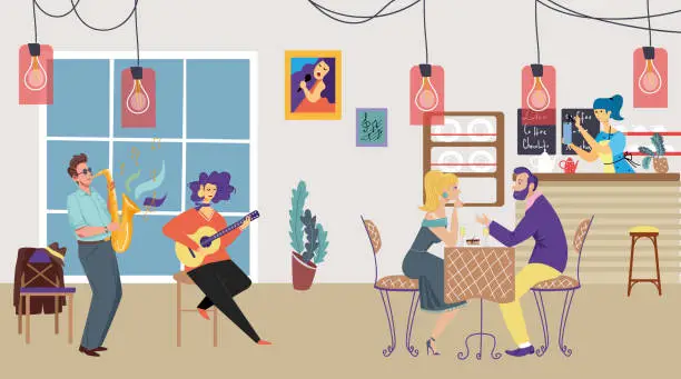 Vector illustration of Indie music group performance play together guitar and sing song, lovely romantic dinner couple in comfortable restaurant flat vector illustration.