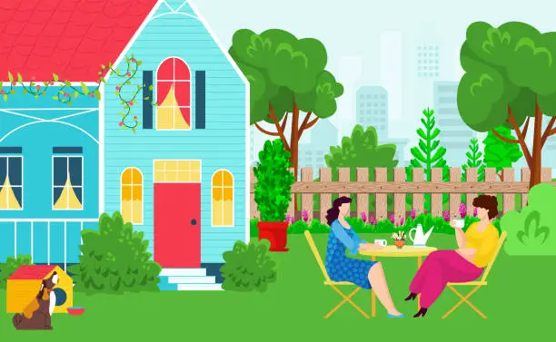 Vector illustration of Best friend woman character relax in backyard drink tea, cityscape comfortable cottage flat vector illustration, outdoor country house.