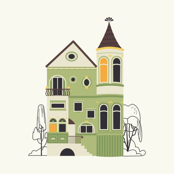Old green Victorian house vector isolated on white background. Retro style building façade. Suburban residential real estate flat illustration Old green Victorian house vector isolated on white background. Retro style building facade. Suburban residential real estate flat cartoon illustration victorian house stock illustrations