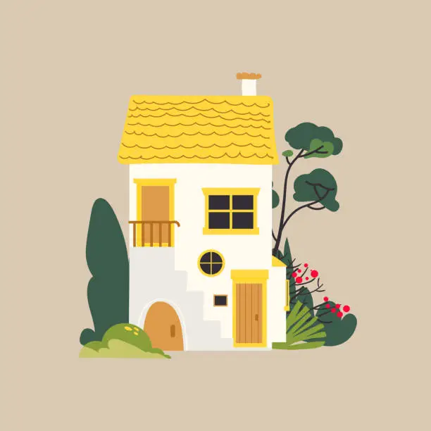 Vector illustration of Cute white stone cottage house with yellow roof and garden tree. Small hut with chimney, porch and stairs isolated on beige background, vector cartoon illustration