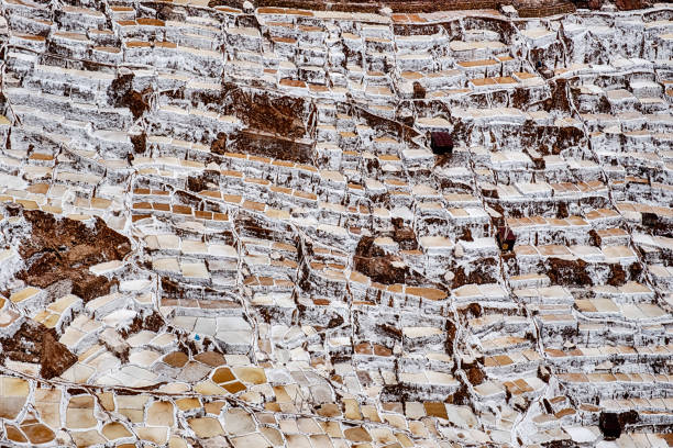 Ancient salt ponds at the Salineras de Maras, fed by a natural spring, become a landscape of lines on a hillside in the Andes.