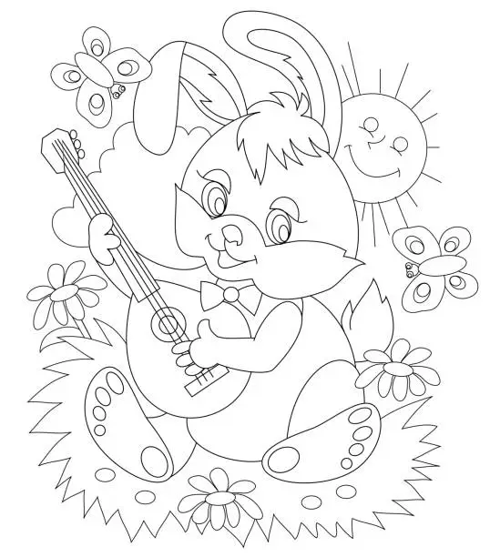 Vector illustration of Black and white page for baby coloring book. Drawing of cute rabbit playing music on the meadow. Printable template for kids. Worksheet for children and adults. Hand-drawn vector image.