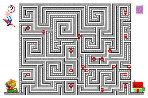 Vector illustration of Logical puzzle game with labyrinth for children. Help the lorry find the way and deliver food to the shop respecting traffic signs. Printable worksheet for kids brainteaser book. Vector cartoon image.