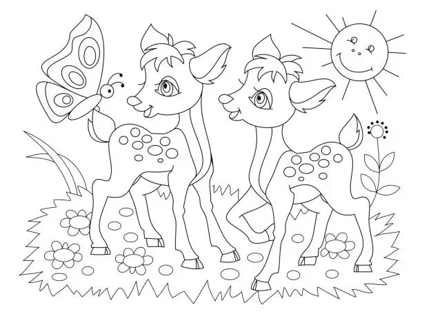 Vector illustration of Black and white page for baby coloring book. Drawing of two cute fawns playing on the meadow. Printable template for kids. Worksheet for children and adults. Hand-drawn vector image.