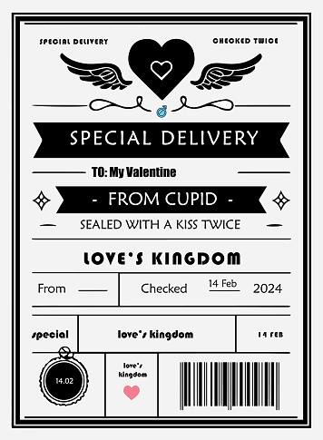 Retro postal-themed Valentine's Day card with winged heart, stamp details, and 'Love's Kingdom' seal.