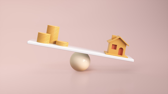 Home and Coin on the Seesaw. Economic and Debt Crisis Affecting the Price of Houses. Real Estate Business, Mortgage Investment Concept. Cartoon Minimalism Style. 3D Render Illustration.