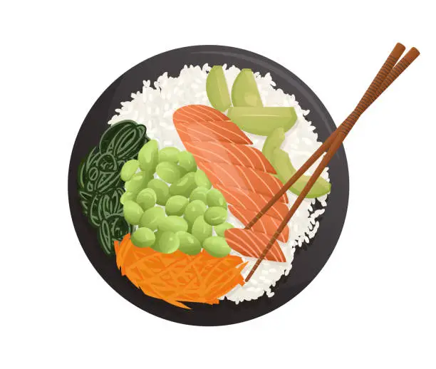 Vector illustration of Plate with rice and chopsticks, salmon, avocado, carrot, green beans and seaweed