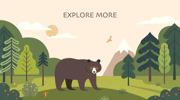 Vector illustration of Sunny forest landscape with bear and mountain