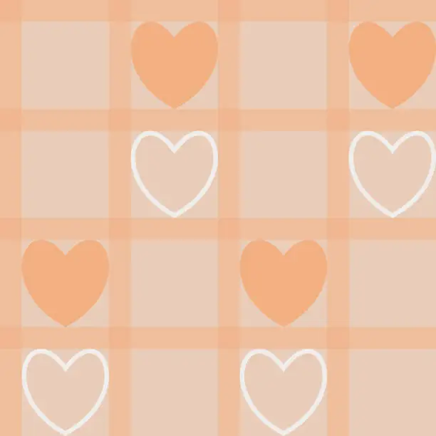 Vector illustration of Hearts on a peach checkered background. Orange hearts inside the cells.