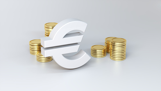 White Euro money symbol with Stack of gold coins around on a soft gray studio background. Currency exchange. Business Concept. 3D Render Illustration.