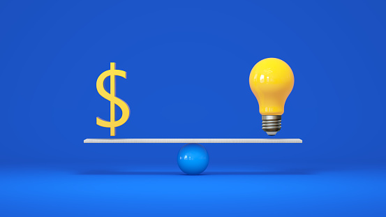 Dollar Sign and Light Bulb on Scale Seesaw. Balance Scale on Blue Studio Background. Concept of Creative Idea and Innovation, Unique. 3D Render.