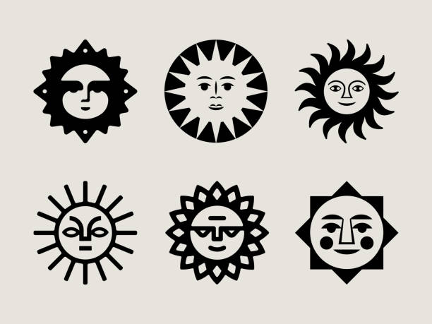 Retro Sun Icons Retro Sun Icons spirituality smiling black and white line art stock illustrations