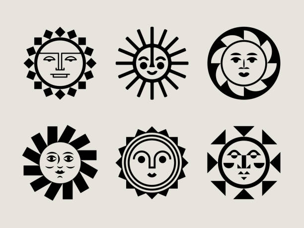 Retro Sun Icons Retro Sun Icons spirituality smiling black and white line art stock illustrations
