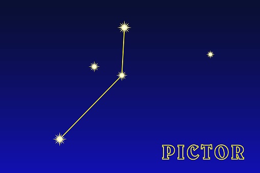 Constellation Pictor. Illustration of the constellation Painter. A small constellation of the southern hemisphere of the sky. It occupies an area of ​ ​ 247.7 square degrees in the sky, contains 49 stars
