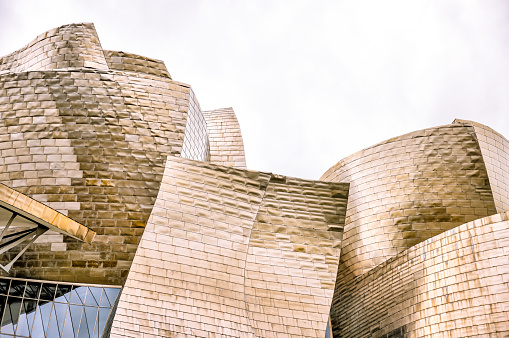 Bilbao, Spain - January 3, 2024: Exterior architectural details of the Guggenheim Museum Bilbao, Spain, designed by Frank Gehry