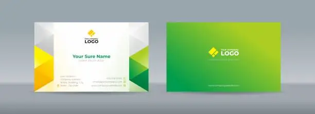 Vector illustration of Double sided business card templates with yellow and green triangles arranged on white background