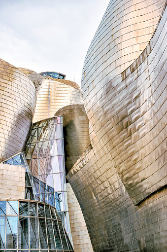 Bilbao, Spain - January 3, 2024: Exterior architectural details of the Guggenheim Museum Bilbao, Spain, designed by Frank Gehry