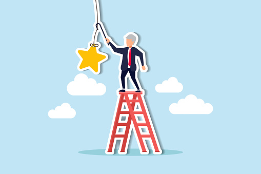Retirement pension fund target, financial planning for retiree or success retirement life concept, elderly senior retired man climbing up ladder to the top high into the sky to grab the star.