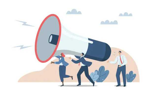 Vector illustration of Building relationships with customers, Business media support, Public relations to communicate company information, Business team people helping to communicate with customers using big megaphone.