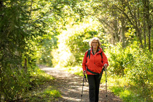 Senior woman hikes through forest on sunny day
