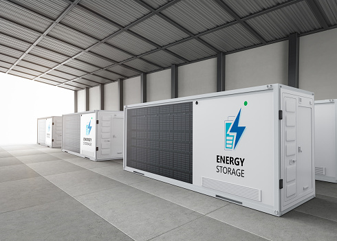 3d rendering group of energy storage system or battery container units in factory