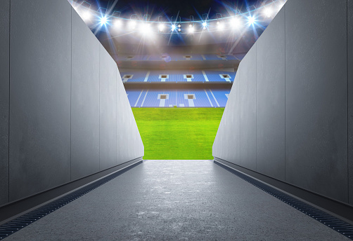 3d rendering tunnel in stadium with green soccer field