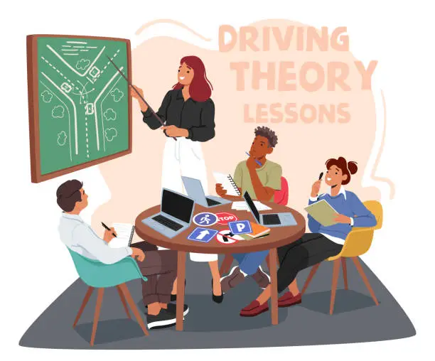 Vector illustration of Characters In Driving School Grasp Road Rules, Defensive Driving Techniques, And Vehicle Control Skills Through Lessons