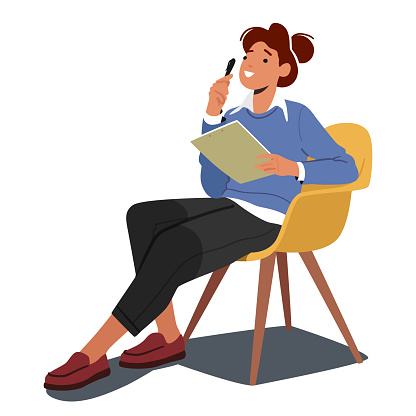 Poised Woman, Seated On A Chair, Attentively Holds A Clipboard And Pen. Her Focused Demeanor Exudes Professionalism, As She Engages In Organized Note-taking And Decision-making. Vector Illustration