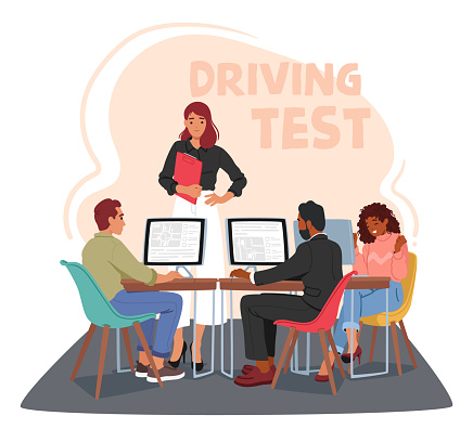 After Rigorous Training, Characters Confidently Pass Their Driving Tests At School, Demonstrating Skillful Maneuvering And A Solid Understanding Of Traffic Rules And Regulations. Vector Illustration