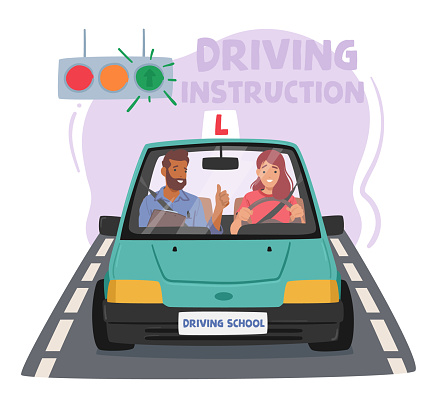 Woman Passionately Hones Her Driving Skills At A Driving School, Navigating Through Challenges With Determination, Preparing For Road Independence With Each Practiced Turn And Maneuver, Vector