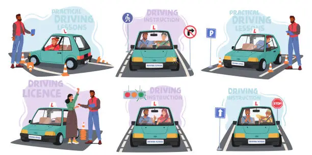 Vector illustration of Students Engage In Driving Practice At School, Mastering Essential Skills Like Parking And Maneuvering, Vector Set
