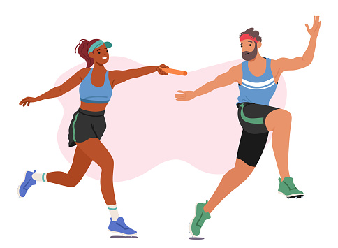 Sprinters Male and Female Characters Pass Baton In Thrilling Relay Race, Exhibiting Speed, Precision, And Teamwork. Each Athlete Contributes A Burst Of Energy. Cartoon People Vector Illustration