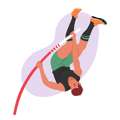 Pole Vaulter Soars Over Height, Combines Speed, Strength, And Precision. Athlete With A Flexible Pole, Showcasing Mastery Of Technique In This Exhilarating Track And Field Event. Vector Illustration