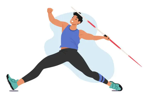 Vector illustration of Javelin Thrower Athlete Male Character Exhibit Precision And Strength, Launching Slender Spear-like Javelin With Finesse