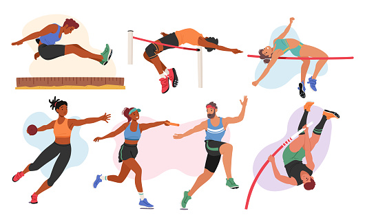 Set of Athletes Male and Female Characters. Relay Racers, Long, Pole and High Jumpers, Discus Thrower Sportsmen and Sportswomen in Action during Competition. Cartoon People Vector Illustration
