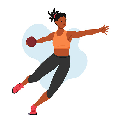 Discus Throwing Athlete Female Character Exhibits Precision And Strength, Spinning Within A Circle Before Launching A Heavy Discus, Aiming For Maximum Distance. Cartoon People Vector Illustration