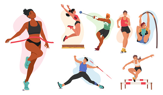 Set of Athletes Male and Female Characters. Runner, Long and Pole Jump, Put Shot, Obstacle Jump, Walk Race and Javelin Throwing. Sportsmen and Sportswomen in Action. Cartoon People Vector Illustration