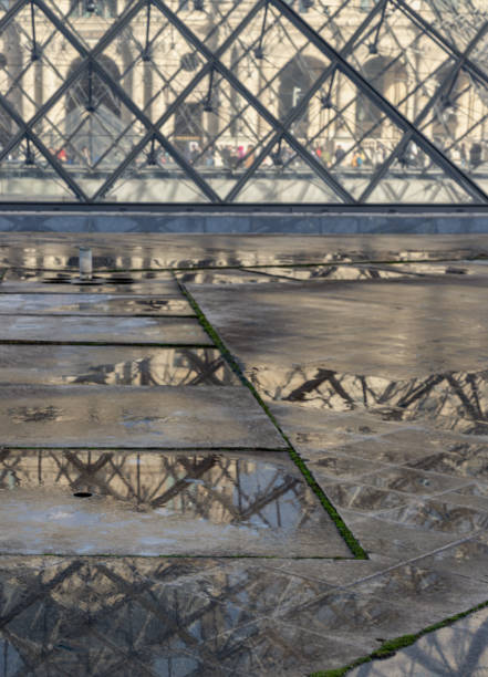 France, Paris - Jan 03, 2024 - Detail of Louvre pyramid in water reflection effect by after raining. Famous Louvre Museum, is one of the world's largest museums in Paris, Space for text, Selective focus.