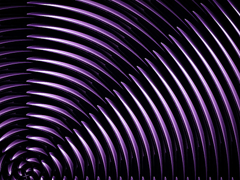 Layers of metal blades are shifting in a three dimensional pattern. The geometric shape is radiating outwards. It is a purple monochrome hue.