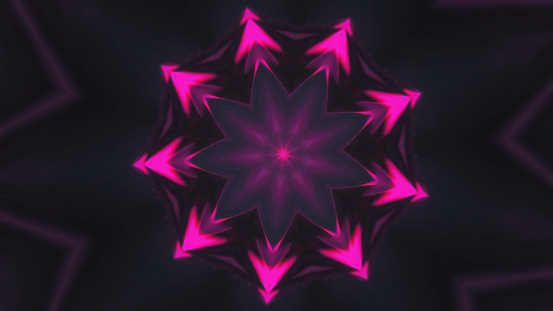 Abstract background. Neon kaleidoscope. Psychedelic glow art. Fluorescent pink hypnotic shape light refraction in surreal vibrant motion.